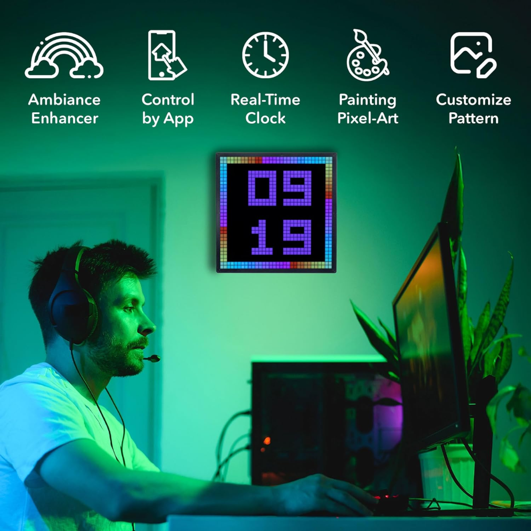 Smart LED pixel art display with real-time clock, app control, and customizable patterns for gaming setups