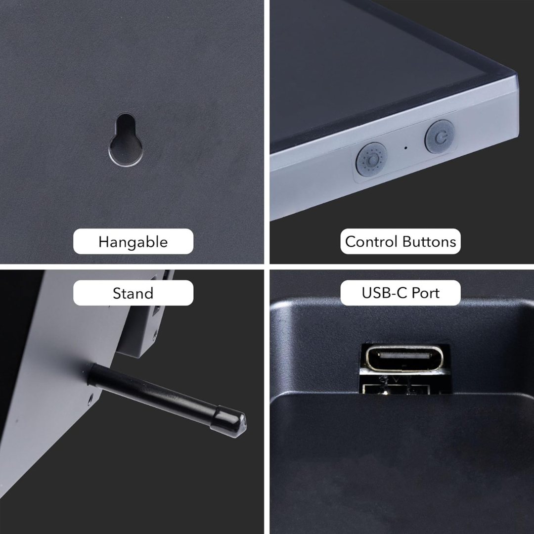 Smart LED screen with hangable design, control buttons, stand, and USB-C port for easy setup.
