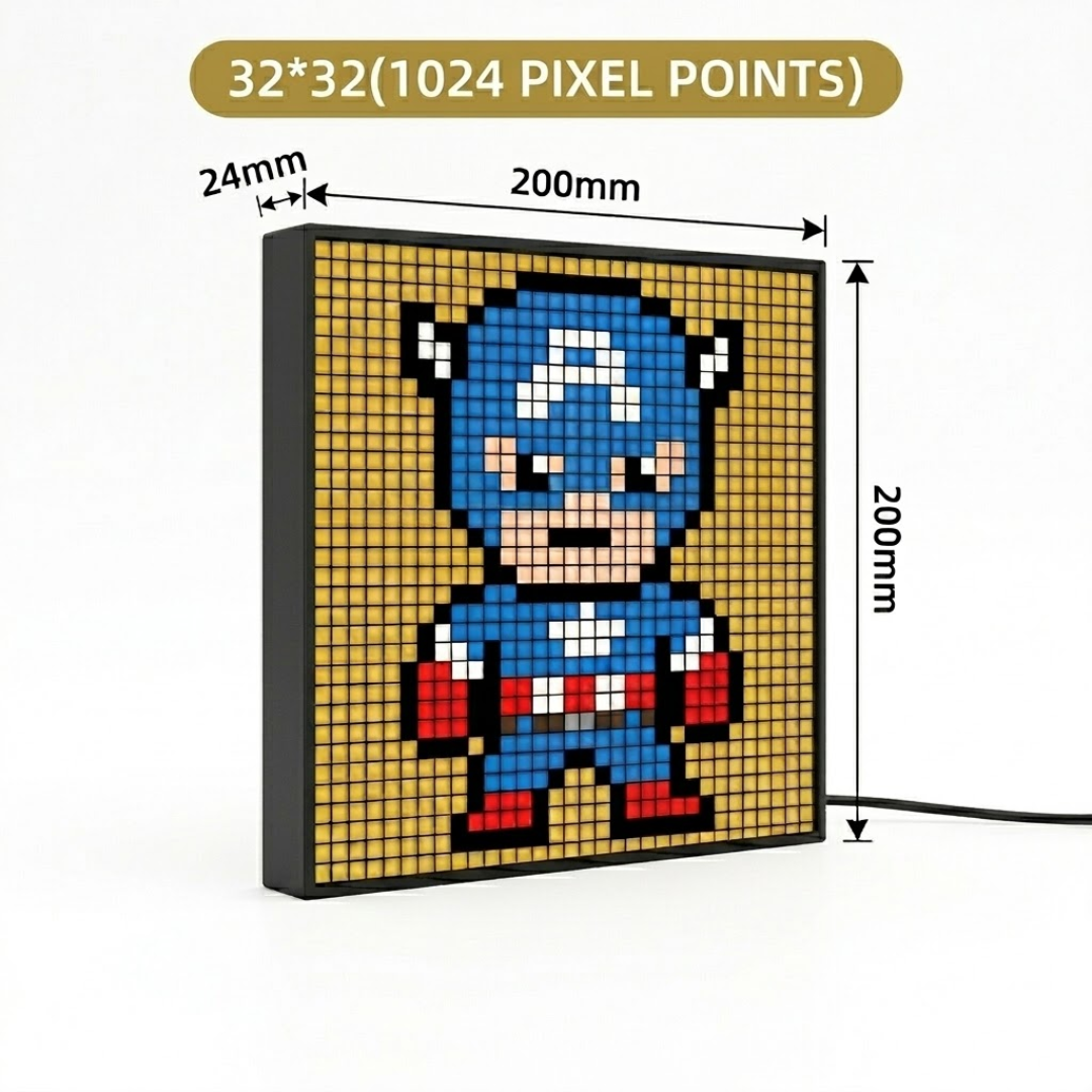 Pixel art LED display showing Captain America, 32x32 grid, 200mm square, customizable animations